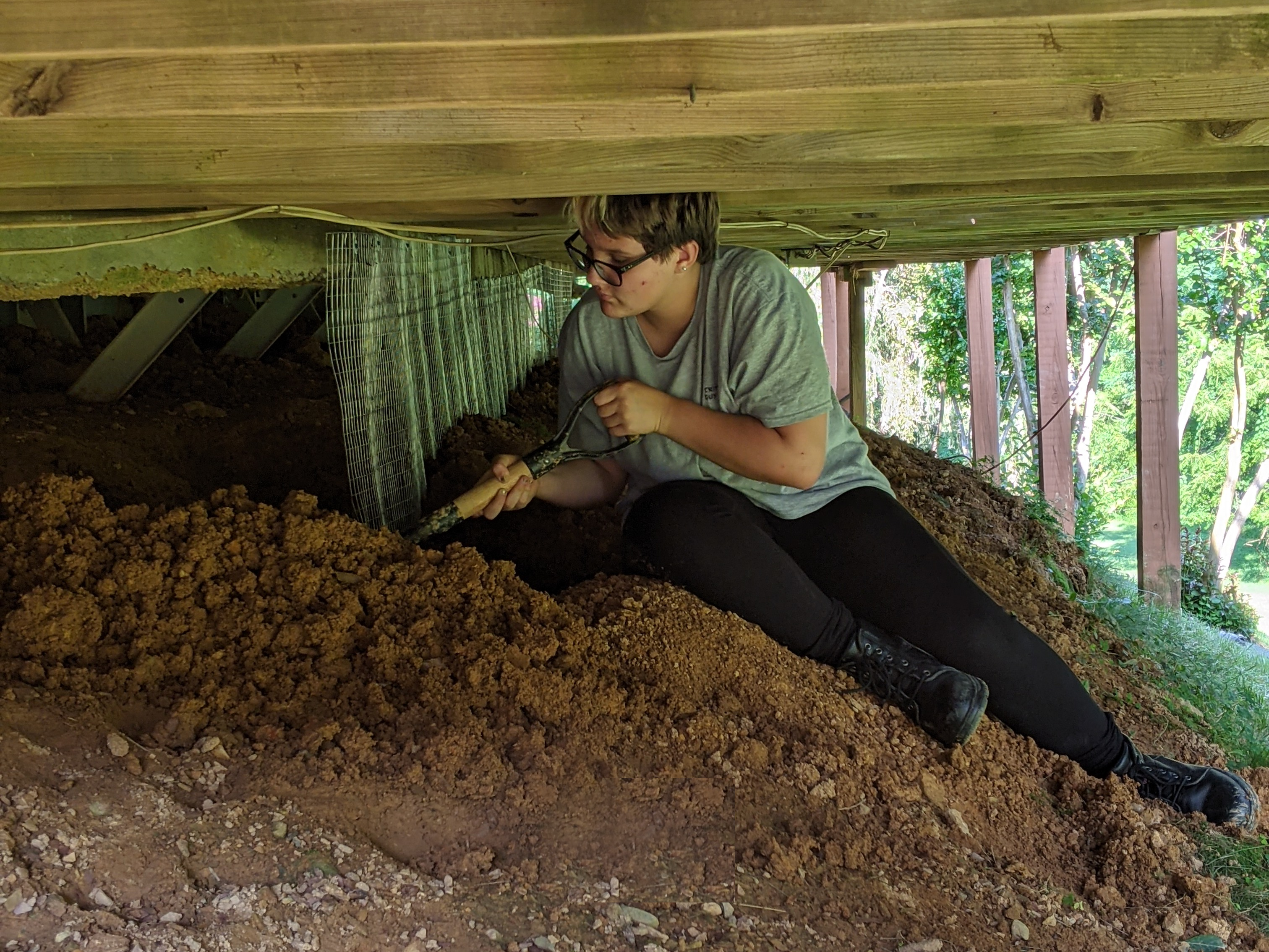 An assistant nuisance wildlife technician digs a trench in a cramped space under a building